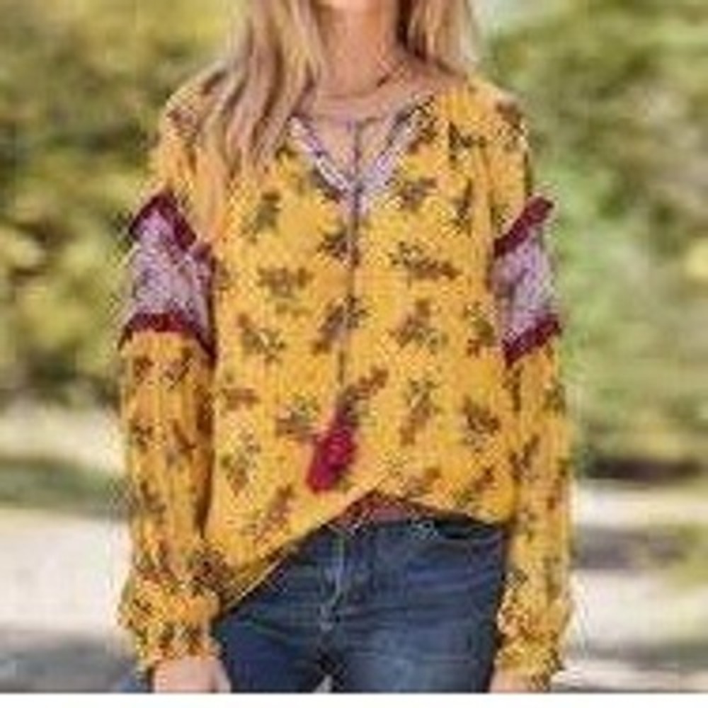 Sundance Large Blouse Yellow Floral Dreams Boho Tassel Tie V-Neck‎ Long Sleeve